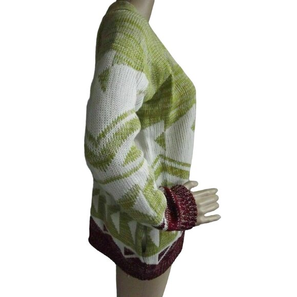 Mudd Cardigan Sweater Womens Junior XL Aztec Button Green Burgundy & Off-White - Picture 4 of 8
